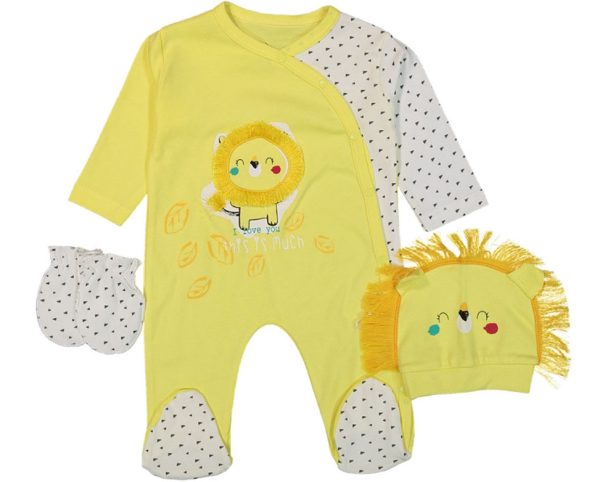Sleepy Lion 3-Piece Baby Jumpsuit Set | Hat, Mittens & Romper (3–6M)