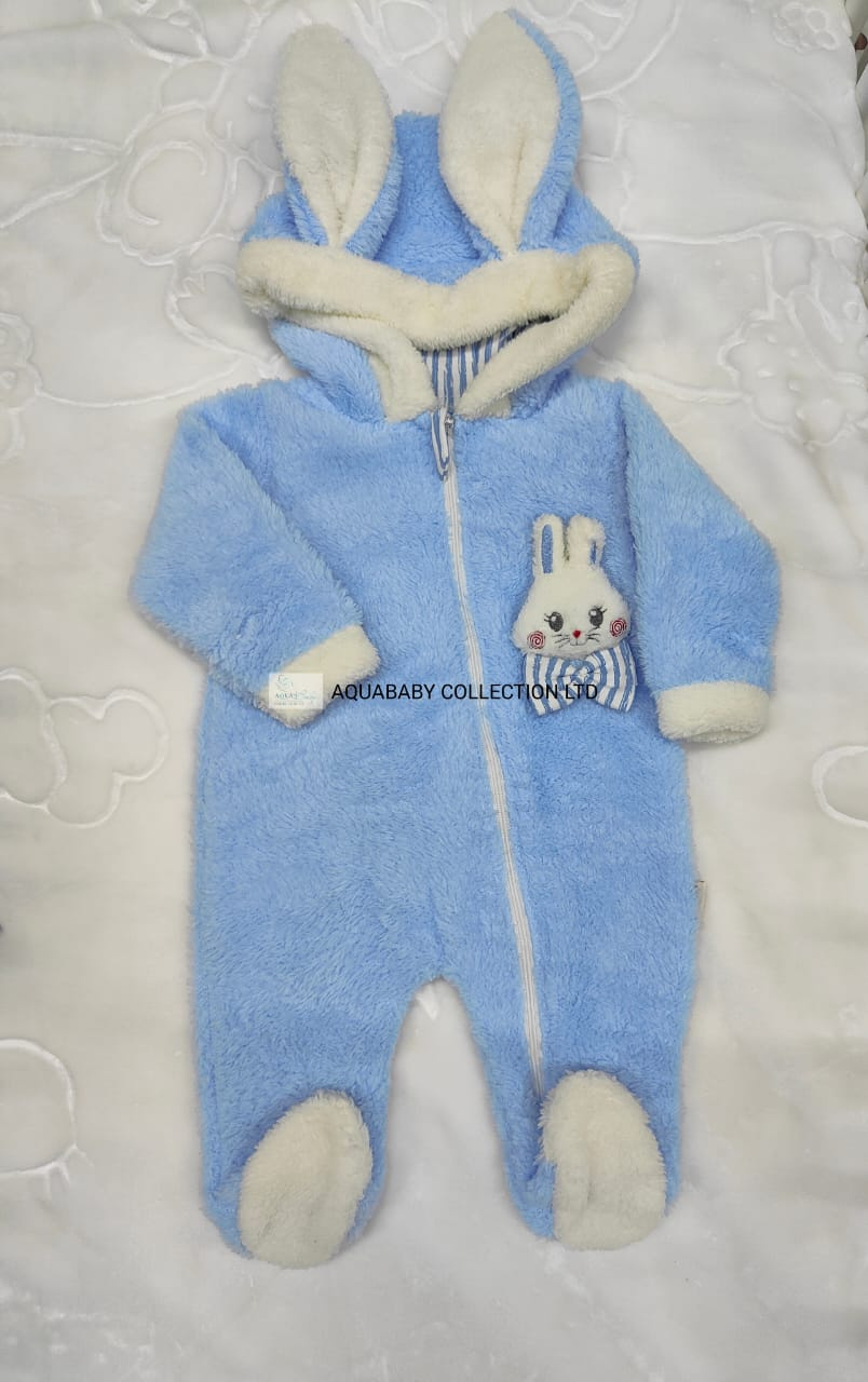 Rabbit Ears Plush Baby Romper – Heavy Fleece Hooded Jumpsuit for Babies