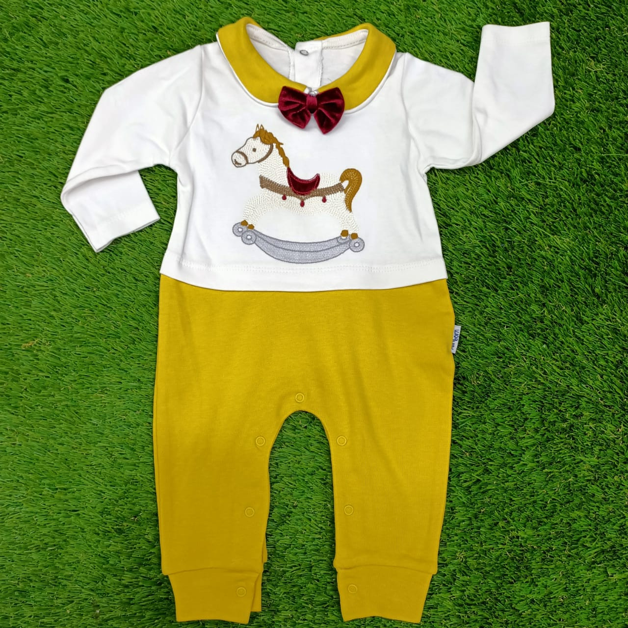 Vintage Rocking Horse Baby Romper | Mustard Infant Jumpsuit with Bow Tie