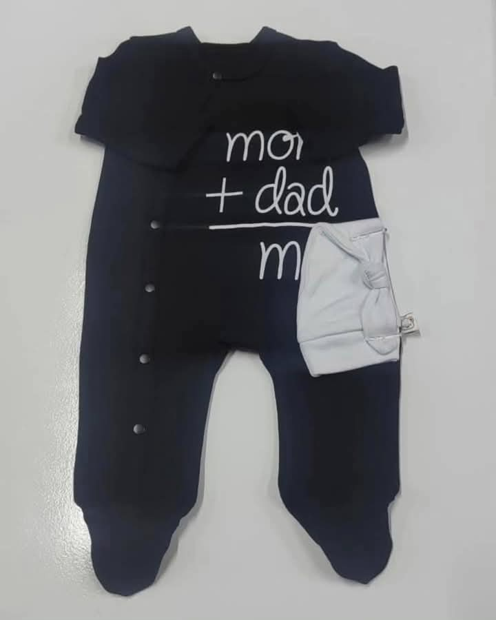 Black “Mom + Dad = Me” Baby Onesie with Hat | Newborn Outfit 0–3M