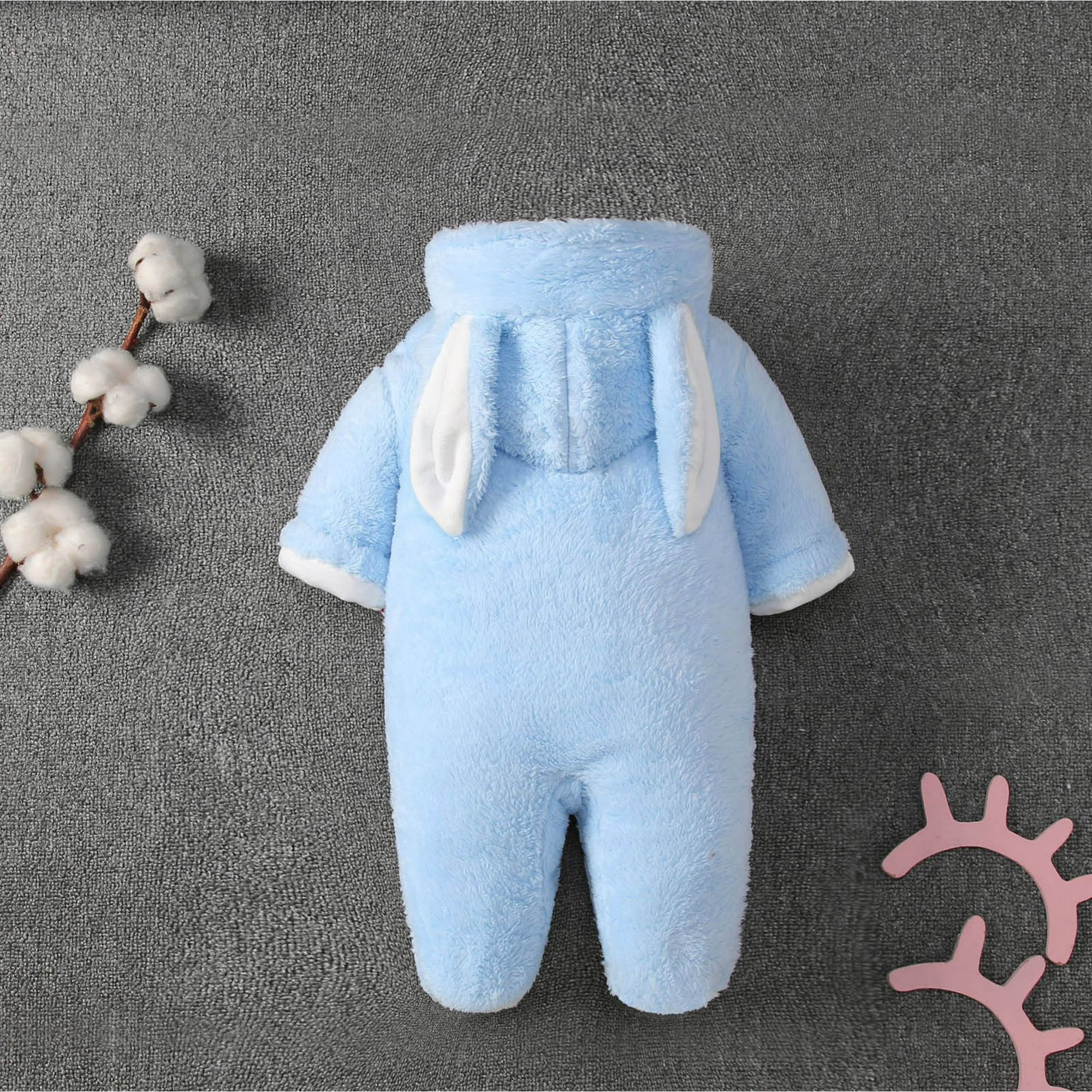 Hooded Bunny Plush Baby Romper | Warm Fleece Footed Jumpsuit