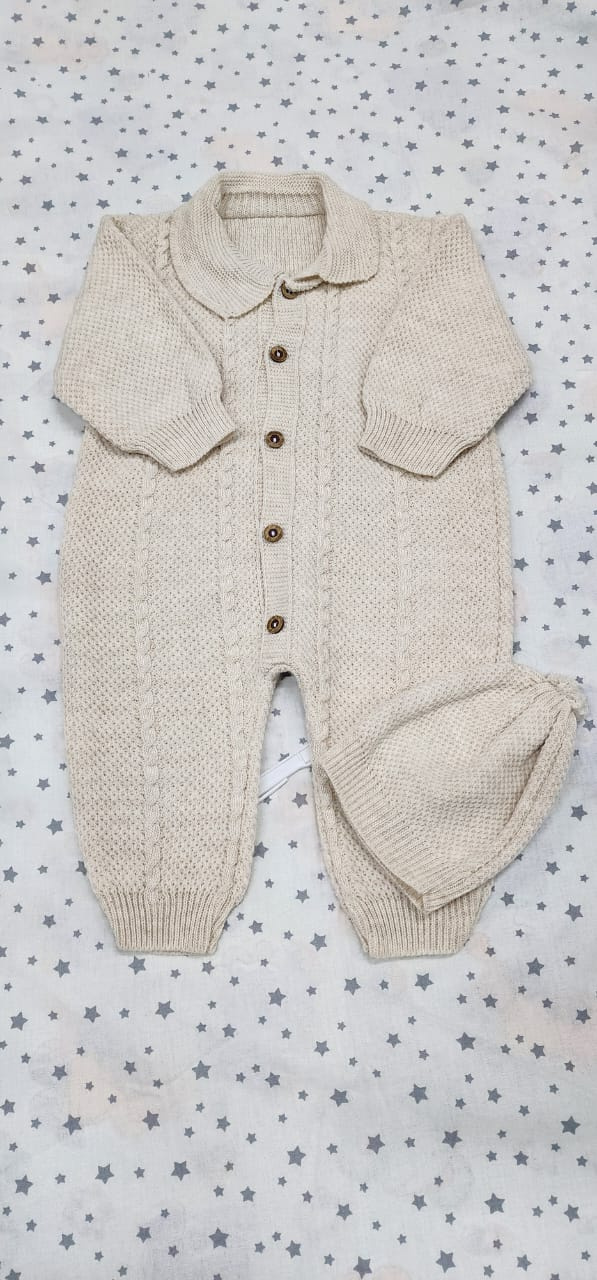 Beige Knitted Baby Romper Set with Hat | 3–6 & 6–9 Months