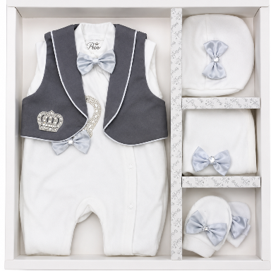 Jewels Crown Tuxedo Outfit 5-Piece Newborn Layette Gift Set for Baby Boys
