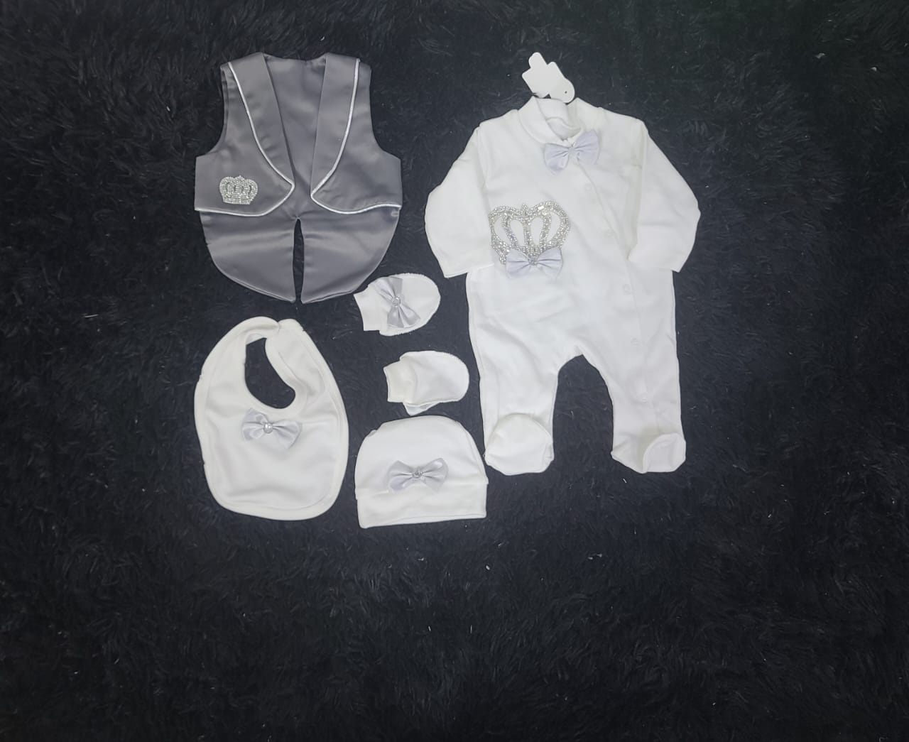 Jewels Crown Tuxedo Outfit 5-Piece Newborn Layette Gift Set for Baby Boys