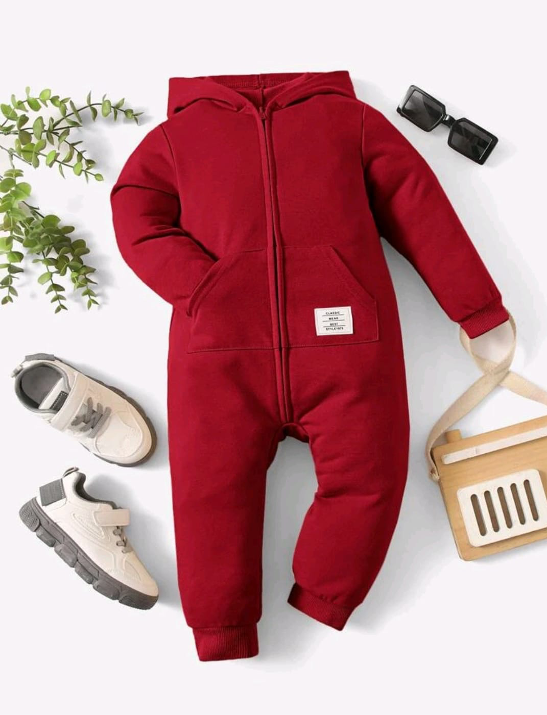 Red Hooded Baby Fleece Jumpsuit – Warm Thermal Romper for Babies & Toddlers