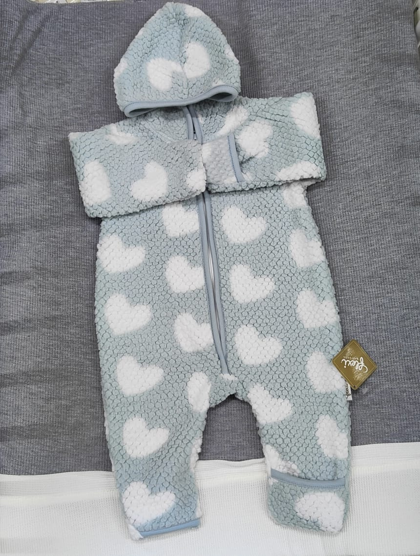 Heart Print Hooded Fleece Baby Romper – Warm Baby Jumpsuit 9–12M