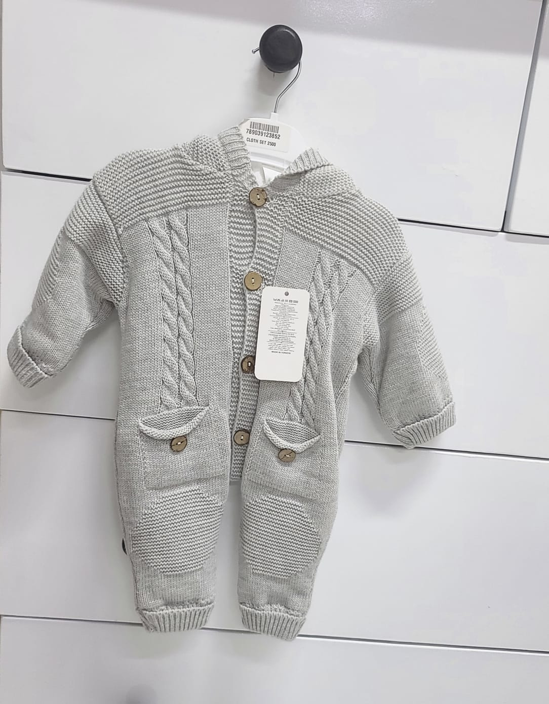 Hooded Knit Baby Romper – Cable Knit Baby Jumpsuit with Wooden Buttons