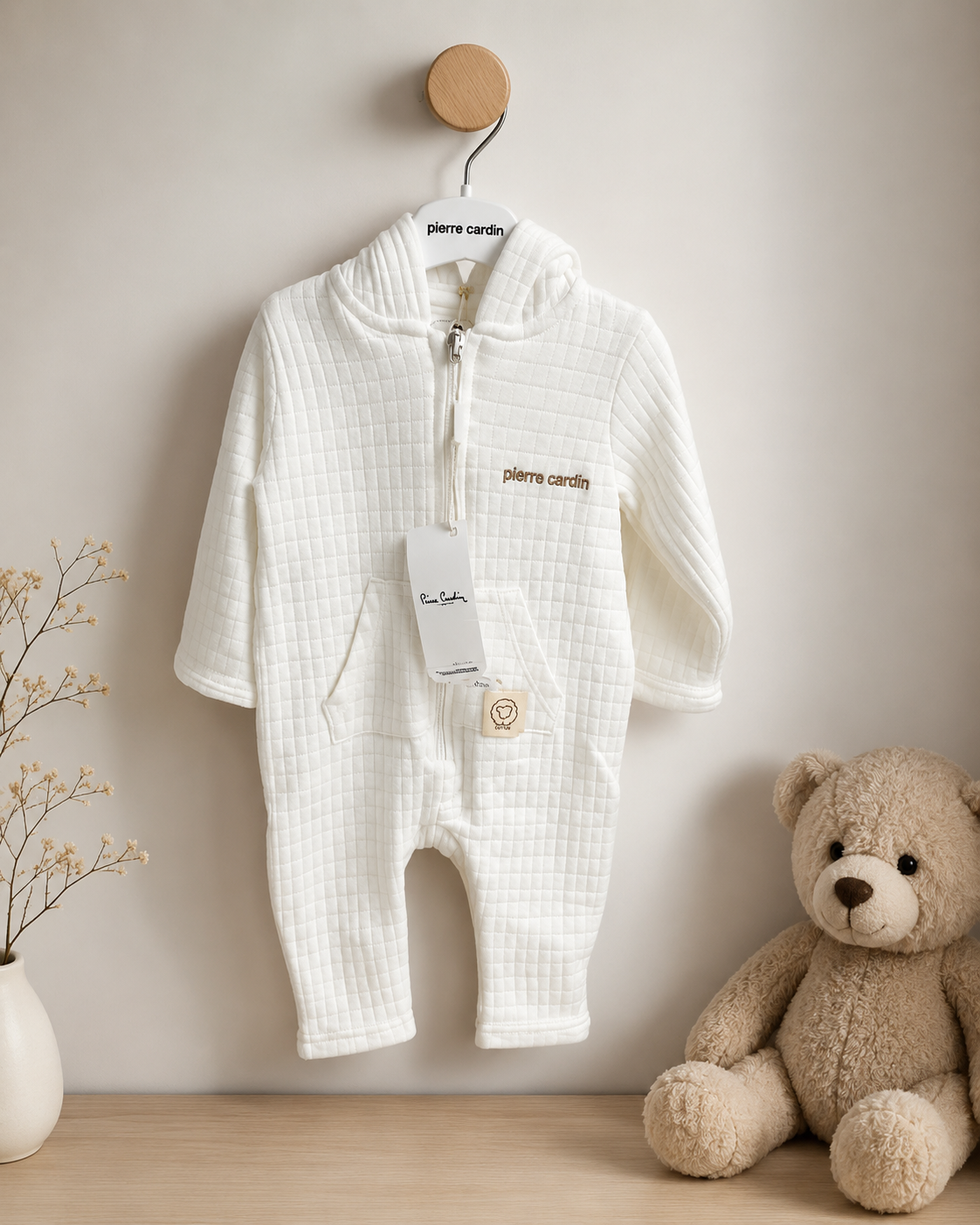 Pierre Cardin Baby Quilted Hooded Romper with Zipper 6–9M