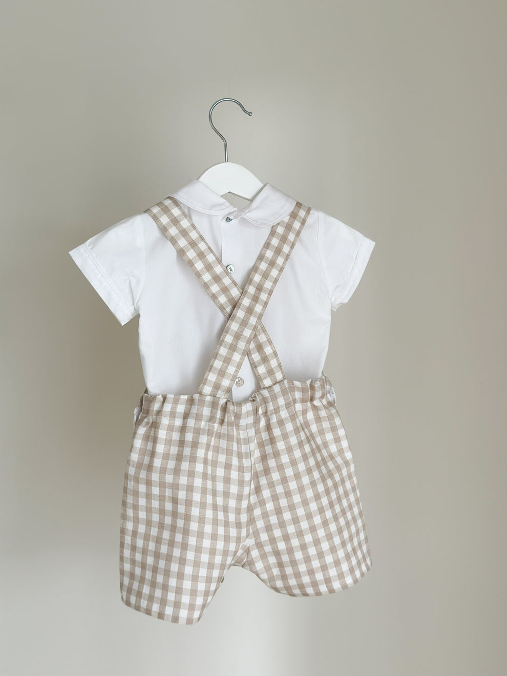 Aquababy Collection Beige Gingham Romper & White Shirt Set with Bowtie for Babies (0–9 Months)