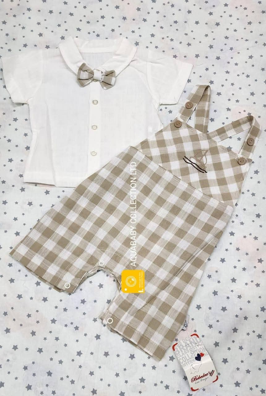 Aquababy Collection Beige Gingham Romper & White Shirt Set with Bowtie for Babies (0–9 Months)