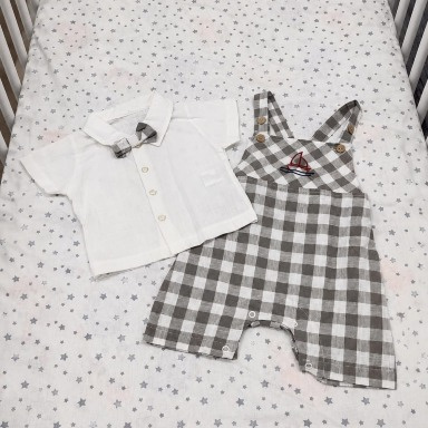 Baby Boy Gentleman Outfit Set – White Shirt & Plaid Shortall (3–6 Months)