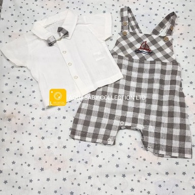 Baby Boy Gentleman Outfit Set – White Shirt & Plaid Shortall (3–6 Months)