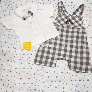Baby Boy Gentleman Outfit Set – White Shirt & Plaid Shortall (3–6 Months)