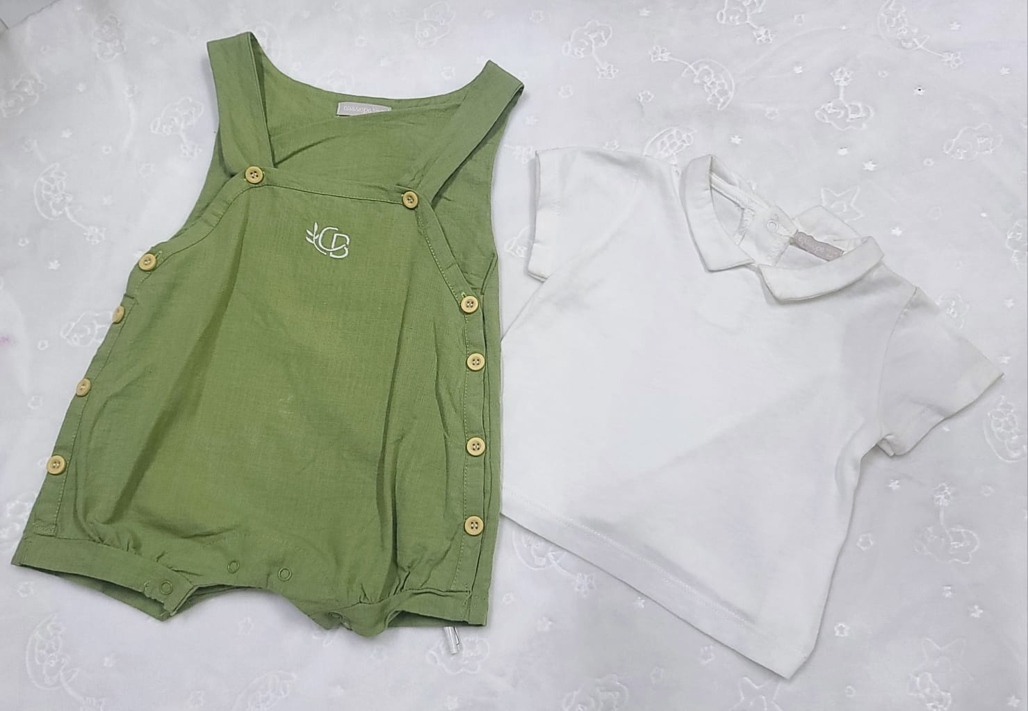Baby Boy Green Cotton Dungaree Set with White Collared Shirt – 6 Months Summer Outfit
