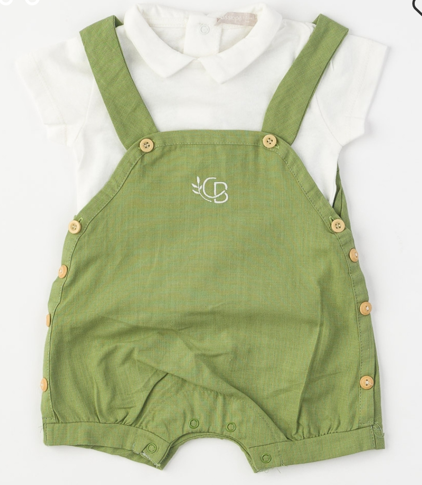 Baby Boy Green Cotton Dungaree Set with White Collared Shirt – 6 Months Summer Outfit