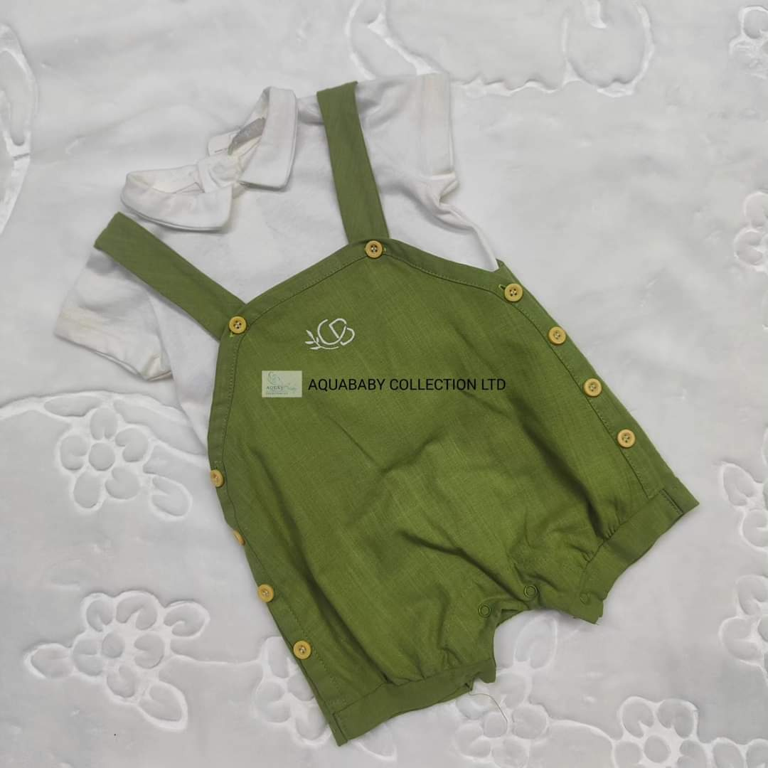 Baby Boy Green Cotton Dungaree Set with White Collared Shirt – 6 Months Summer Outfit