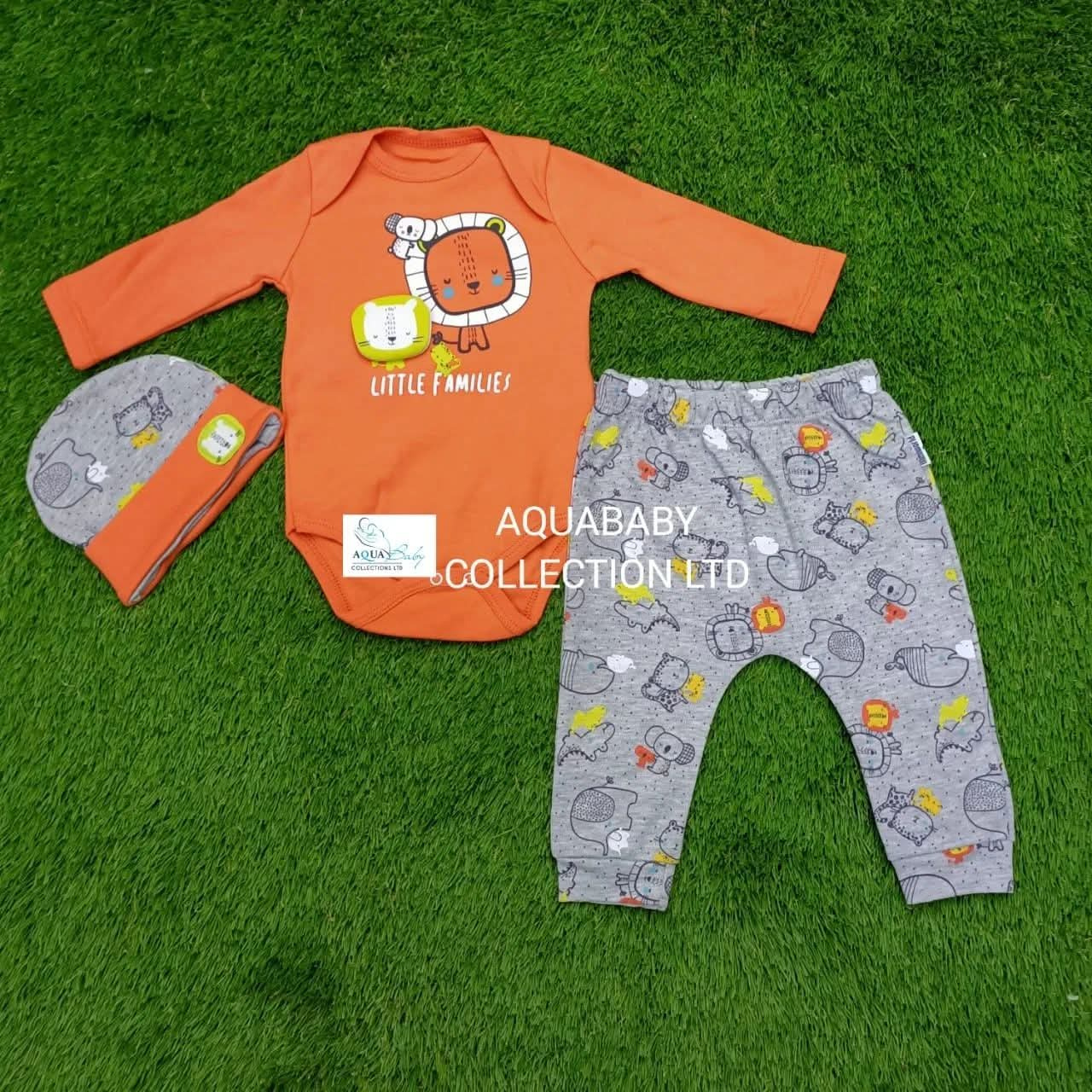 Miniworld Little Families 3-Piece Baby Boy Set (6–9 Months) – Orange Bodysuit, Grey Joggers & Hat