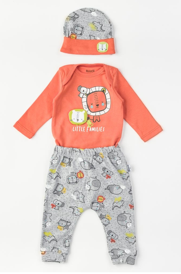 Miniworld Little Families 3-Piece Baby Boy Set (6–9 Months) – Orange Bodysuit, Grey Joggers & Hat