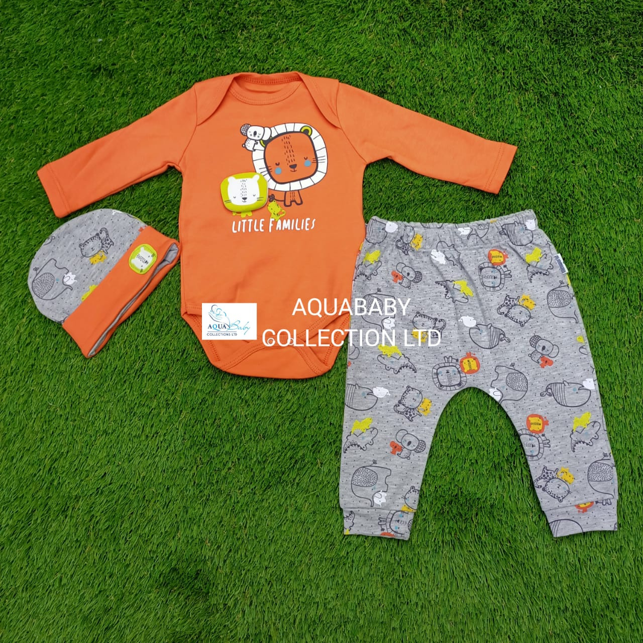 Miniworld Little Families 3-Piece Baby Boy Set (6–9 Months) – Orange Bodysuit, Grey Joggers & Hat