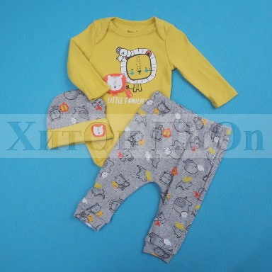 Miniworld Little Families 3-Piece Baby Set – Yellow Lion Bodysuit, Grey Animal Pants & Matching Hat (3–6 Months)