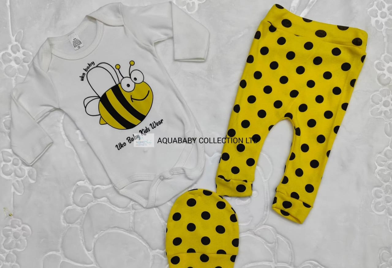 Bee-Themed 3-Piece Baby Clothing Set – Cotton Bodysuit, Polka Dot Leggings & Matching Beanie for Newborns