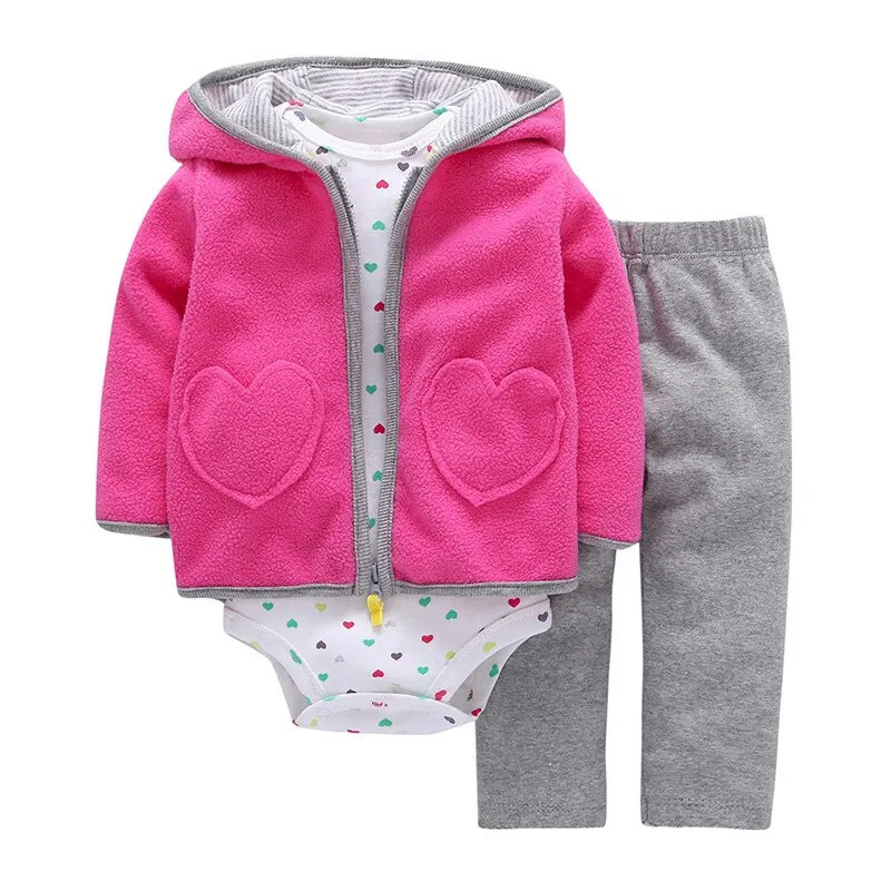 Carter’s 3-Piece Baby Girl Cardigan Set – Pink Fleece Hoodie, Heart Bodysuit & Grey Pants (12_18 Months)