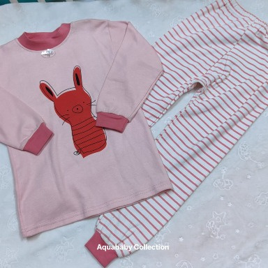 Baby Girls Pink Bunny Pajama Set – Long Sleeve Cotton Sleepwear with Striped Pants (9–12 Months)