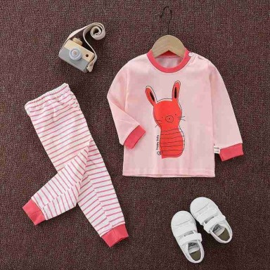 Baby Girls Pink Bunny Pajama Set – Long Sleeve Cotton Sleepwear with Striped Pants (9–12 Months)