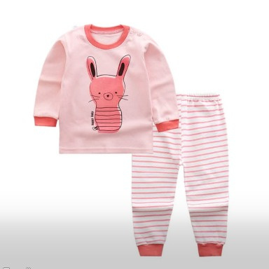 Baby Girls Pink Bunny Pajama Set – Long Sleeve Cotton Sleepwear with Striped Pants (9–12 Months)