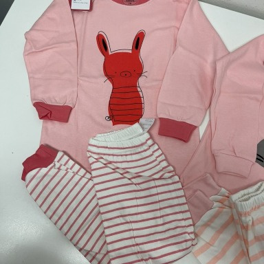 Baby Girls Pink Bunny Pajama Set – Long Sleeve Cotton Sleepwear with Striped Pants (9–12 Months)