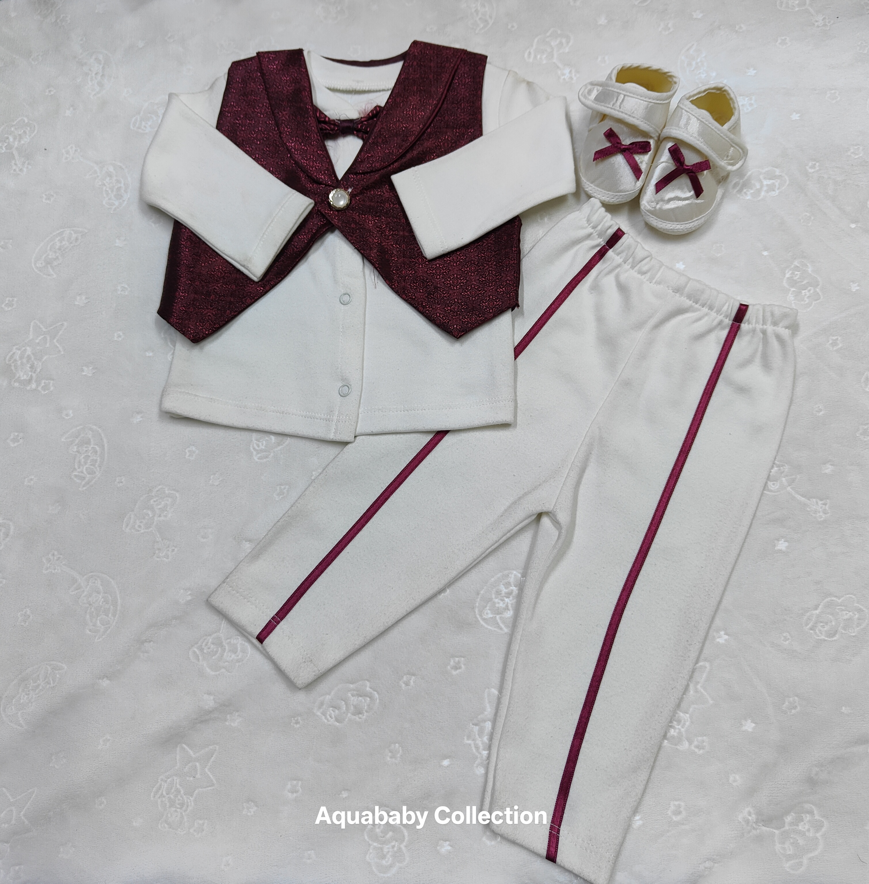 -Piece Baby Boy Formal Suit Set – Burgundy Vest Tuxedo Outfit with Trousers & Shoes (3–6 Months)