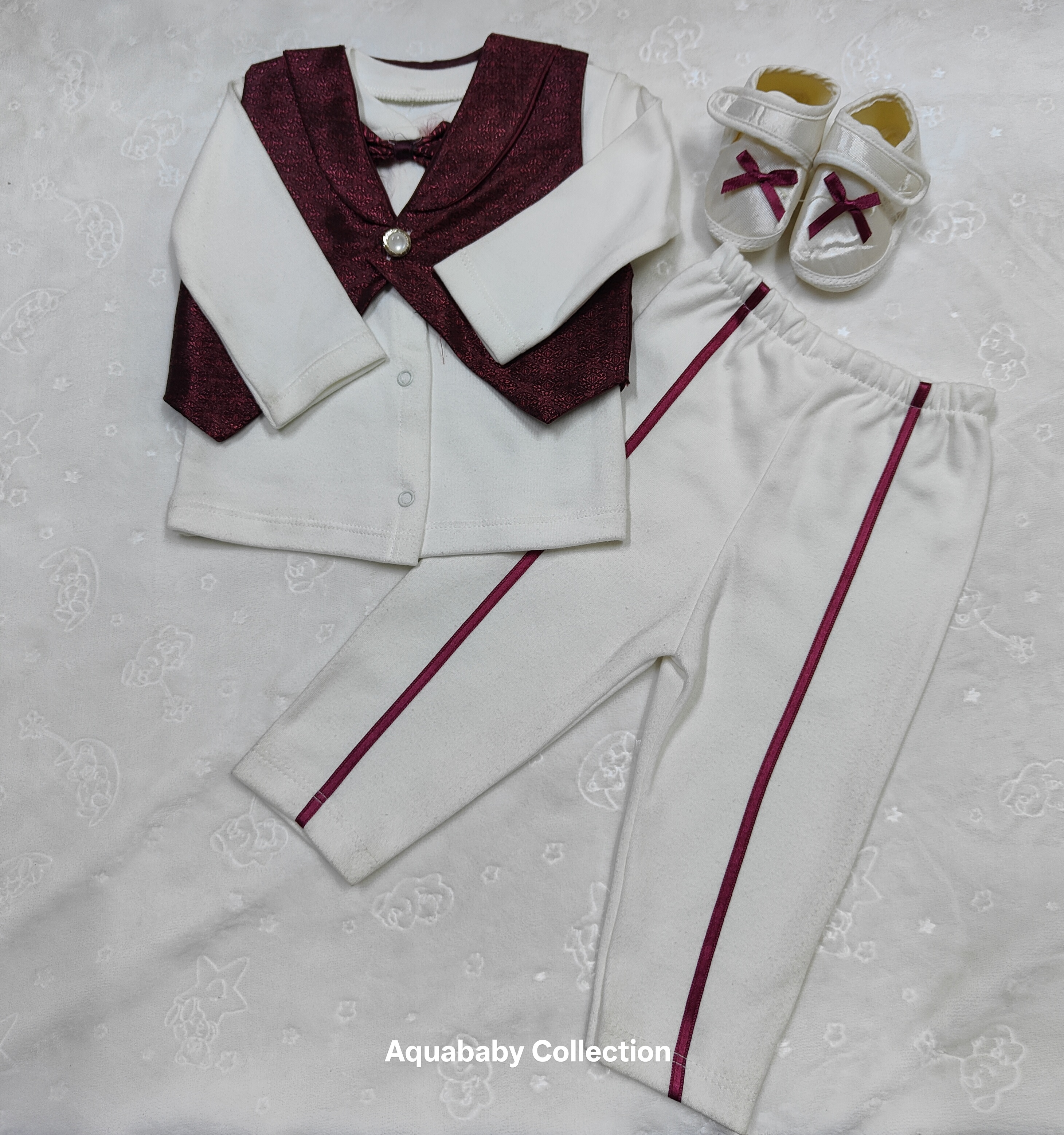 -Piece Baby Boy Formal Suit Set – Burgundy Vest Tuxedo Outfit with Trousers & Shoes (3–6 Months)