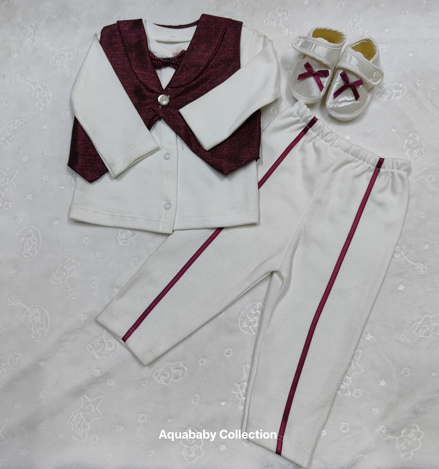 -Piece Baby Boy Formal Suit Set – Burgundy Vest Tuxedo Outfit with Trousers & Shoes (3–6 Months)