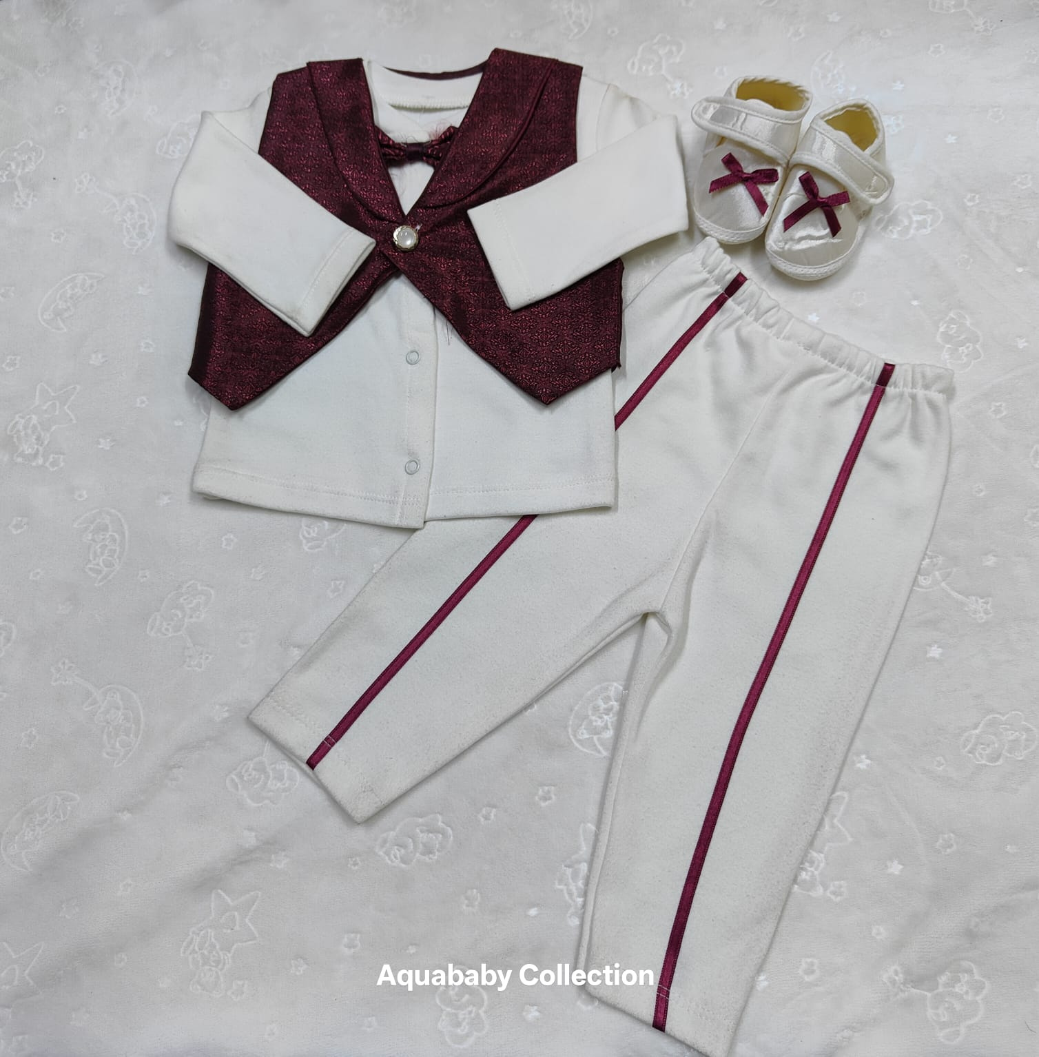 -Piece Baby Boy Formal Suit Set – Burgundy Vest Tuxedo Outfit with Trousers & Shoes (3–6 Months)