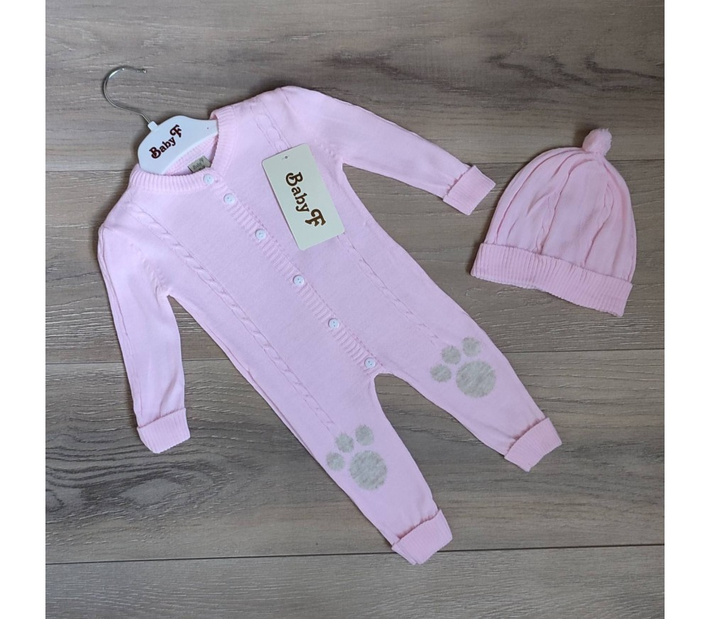 Baby F Paw Print Romper Set with Knitted Pom-Pom Hat for Babies