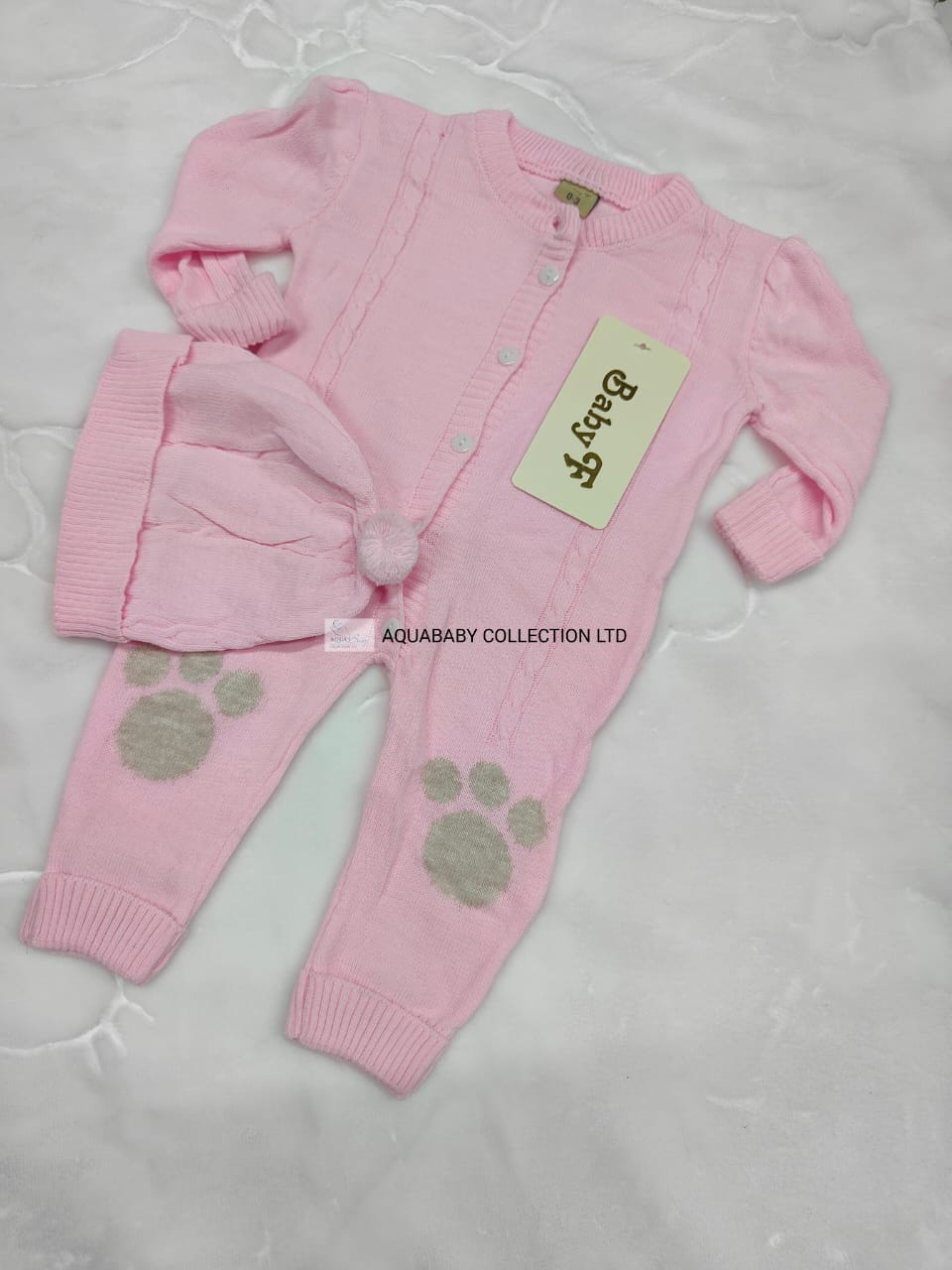 Baby F Paw Print Romper Set with Knitted Pom-Pom Hat for Babies