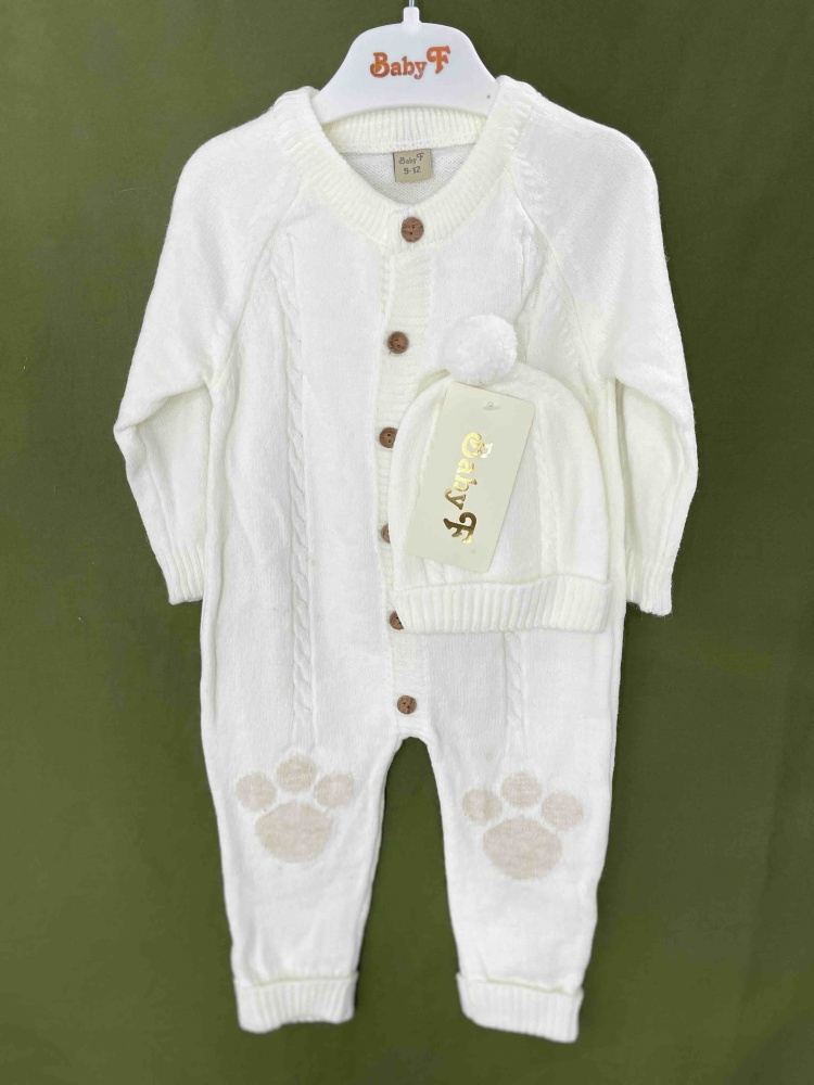 Baby F Paw Print Romper Set with Knitted Pom-Pom Hat for Babies