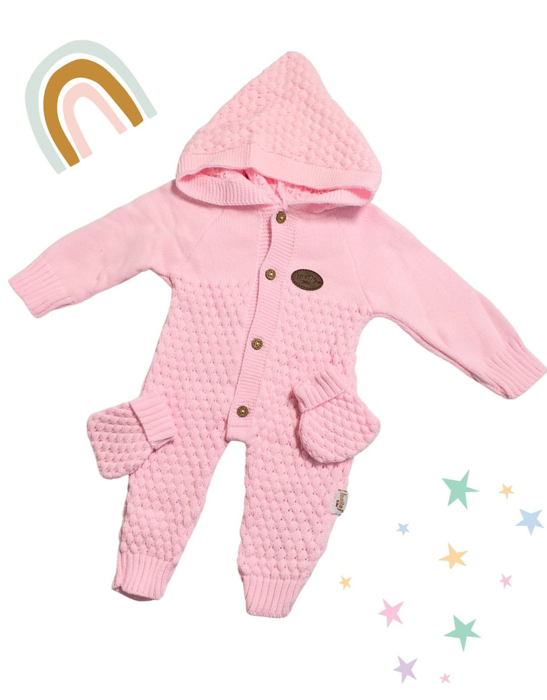 Baby Hooded Knit Romper with Popcorn Texture & Wooden Buttons