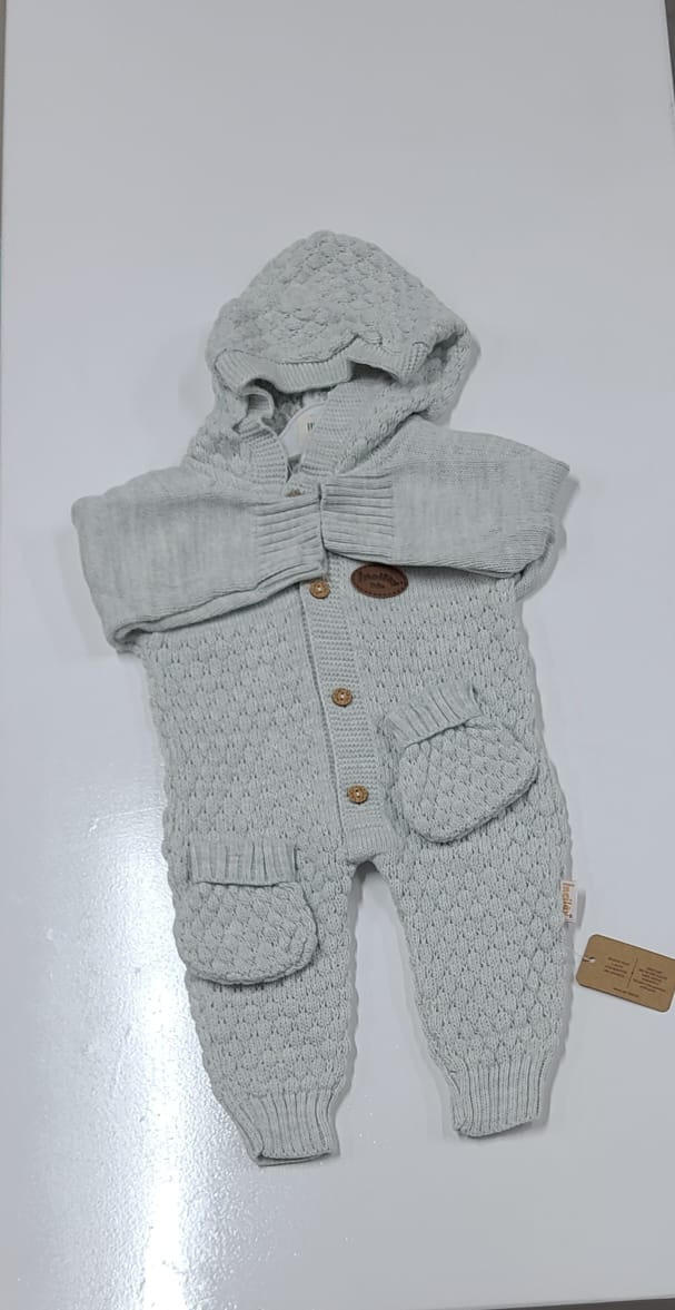 Baby Hooded Knit Romper with Popcorn Texture & Wooden Buttons