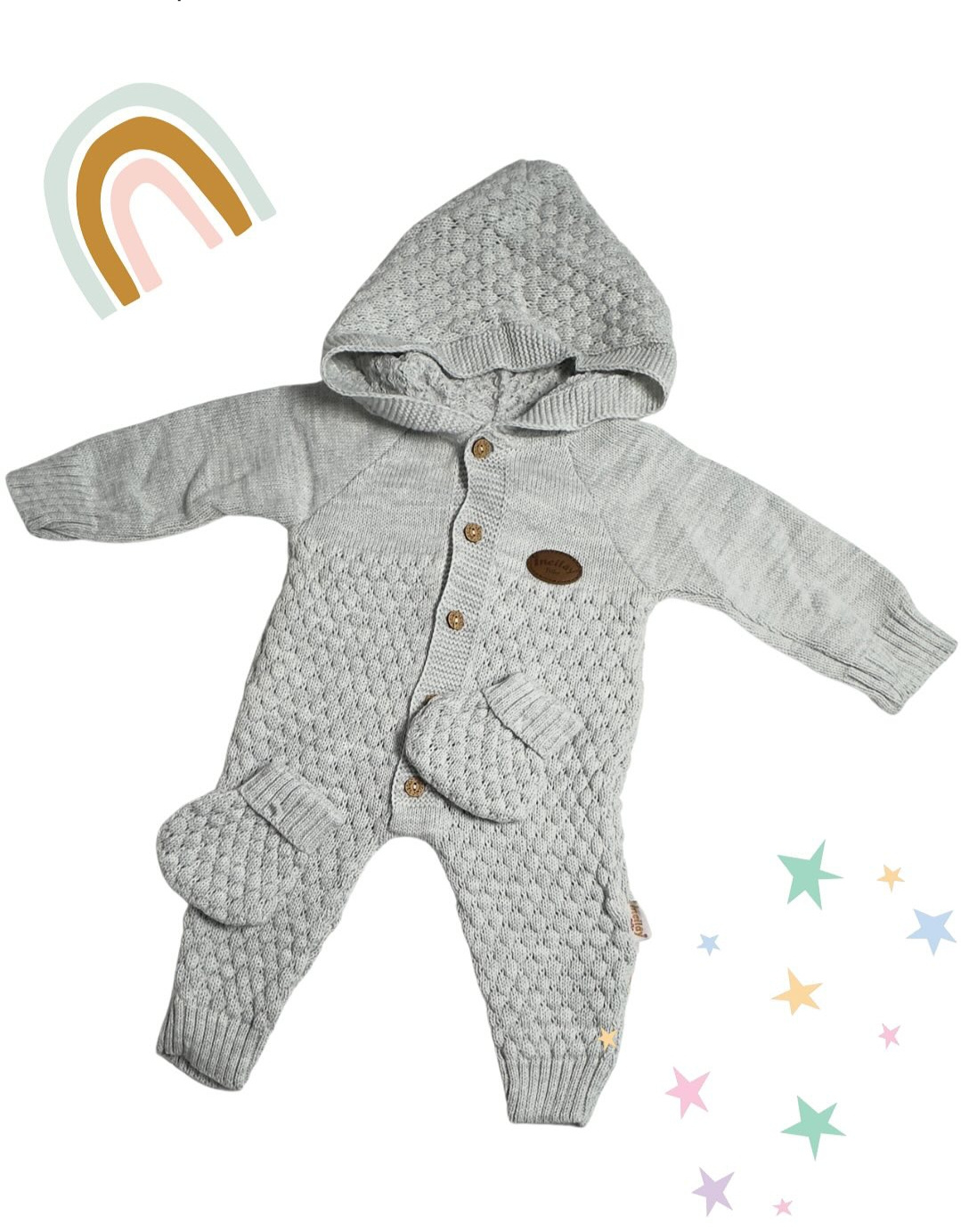Baby Hooded Knit Romper with Popcorn Texture & Wooden Buttons