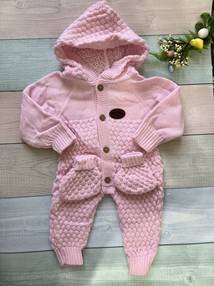 Baby Hooded Knit Romper with Popcorn Texture & Wooden Buttons
