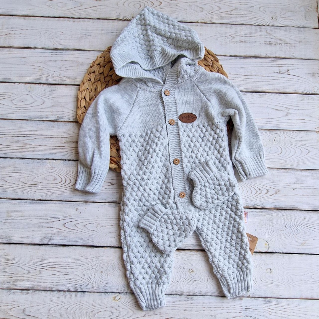 Baby Hooded Knit Romper with Popcorn Texture & Wooden Buttons