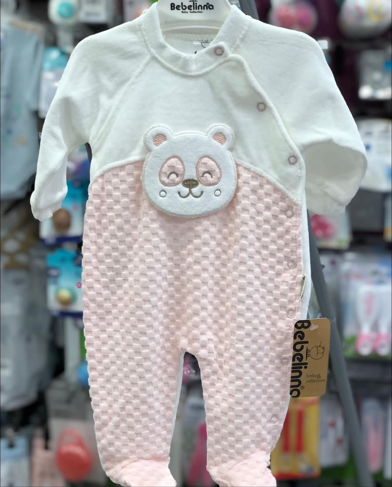 Pink & White Waffle Knit Baby Sleepsuit with Bear Appliqué 0–6M