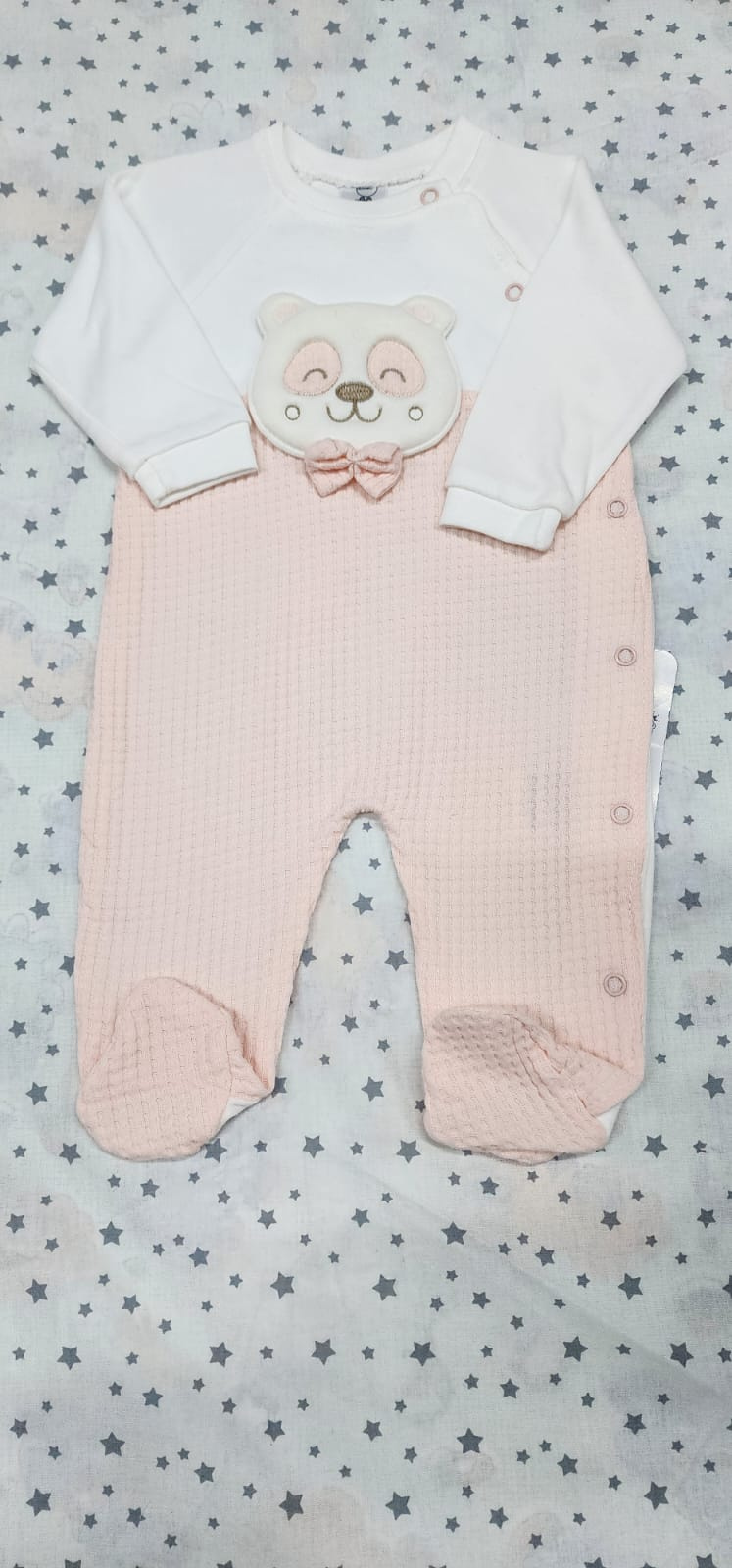 Pink & White Waffle Knit Baby Sleepsuit with Bear Appliqué 0–6M
