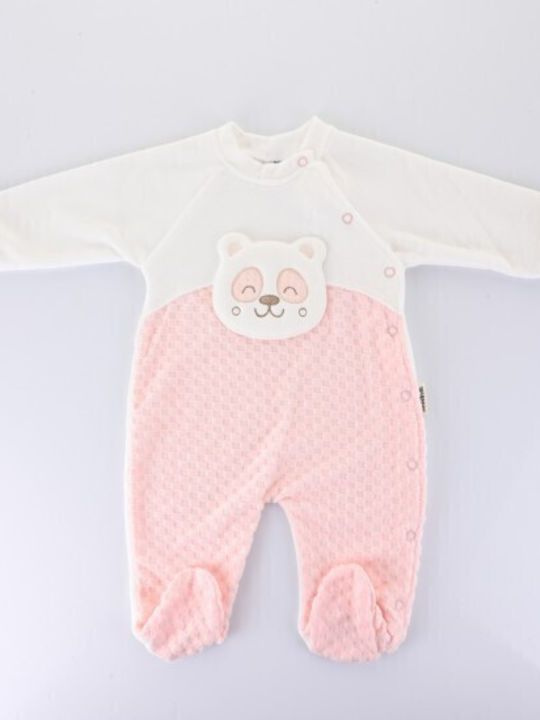 Pink & White Waffle Knit Baby Sleepsuit with Bear Appliqué 0–6M
