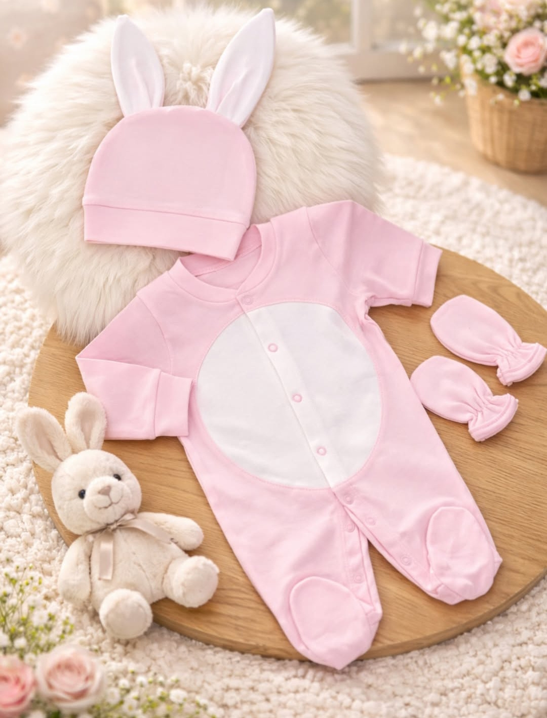 Mini Ropa Pink Bunny Jumpsuit Set with Rabbit Ear Hat & Mittens