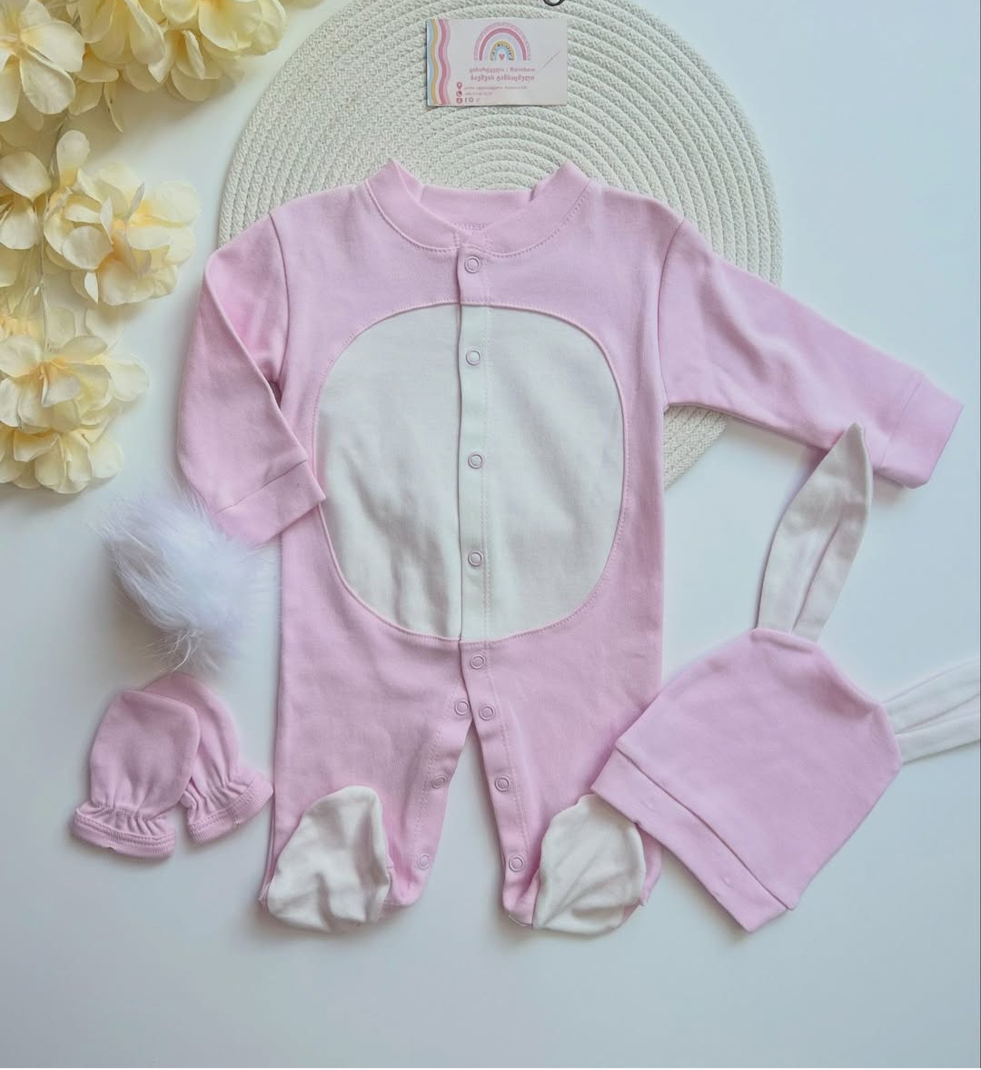 Mini Ropa Pink Bunny Jumpsuit Set with Rabbit Ear Hat & Mittens