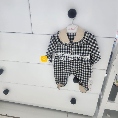 Vintage Plaid Baby Romper | Gingham Footed Baby Jumpsuit with Lace Collar