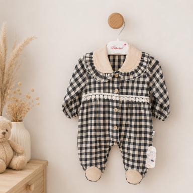 Vintage Plaid Baby Romper | Gingham Footed Baby Jumpsuit with Lace Collar