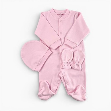 Pink Footed Baby Romper Set with Mittens & Bow | Newborn Babygrow